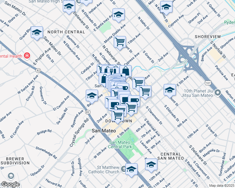 map of restaurants, bars, coffee shops, grocery stores, and more near 390 1st Avenue in San Mateo
