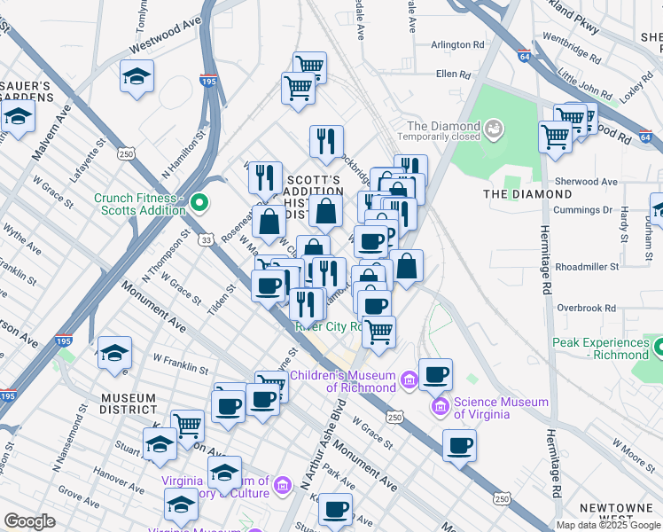 map of restaurants, bars, coffee shops, grocery stores, and more near 3034 West Leigh Street in Richmond