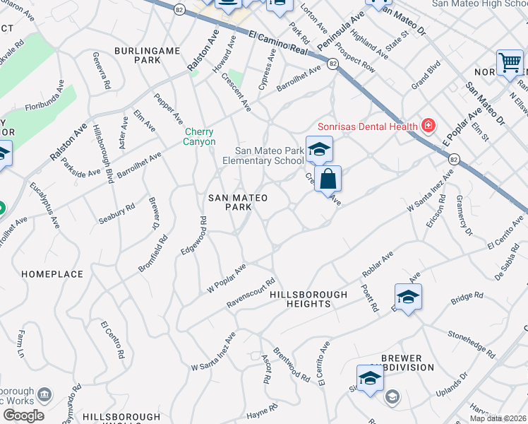 map of restaurants, bars, coffee shops, grocery stores, and more near 329 Clark Drive in San Mateo
