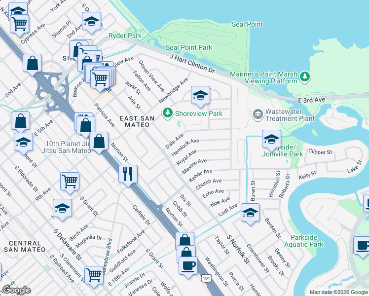 map of restaurants, bars, coffee shops, grocery stores, and more near 1609 Hemlock Avenue in San Mateo