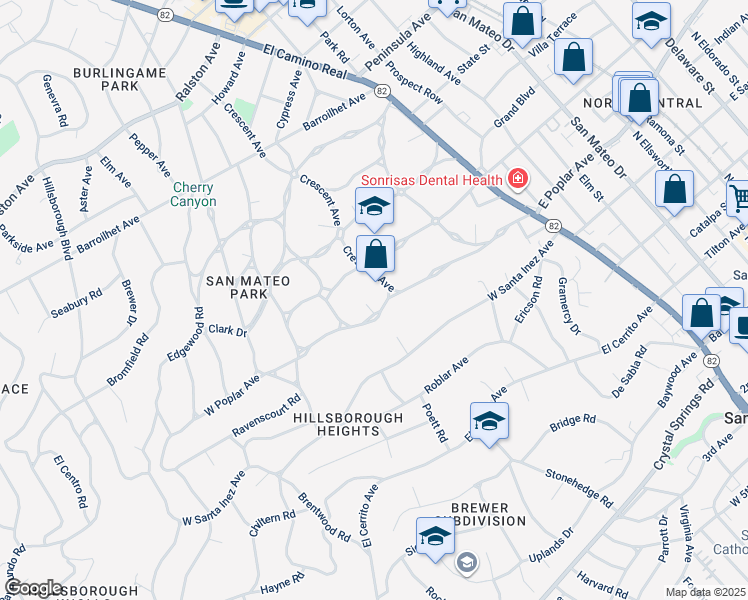 map of restaurants, bars, coffee shops, grocery stores, and more near 414 Crescent Avenue in San Mateo