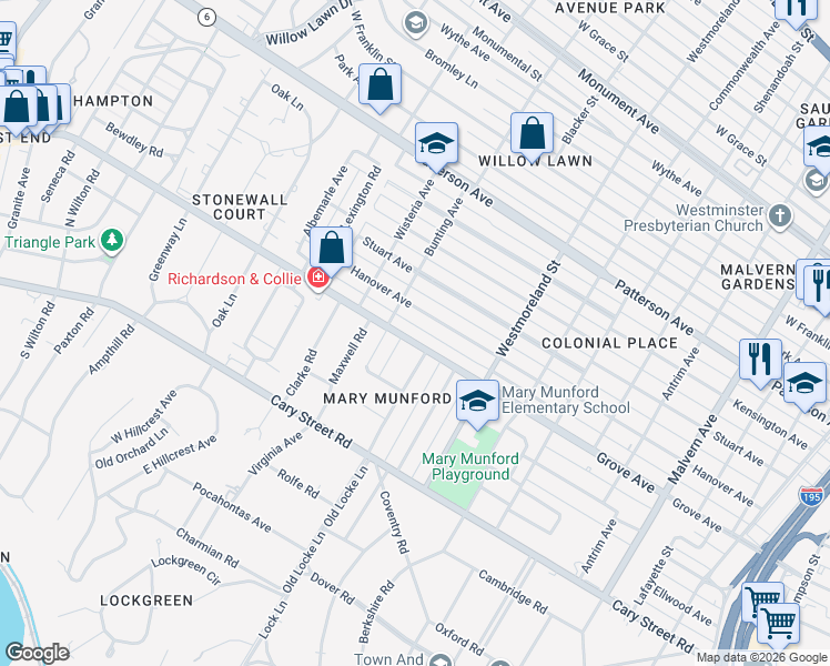 map of restaurants, bars, coffee shops, grocery stores, and more near 4633 Hanover Avenue in Richmond