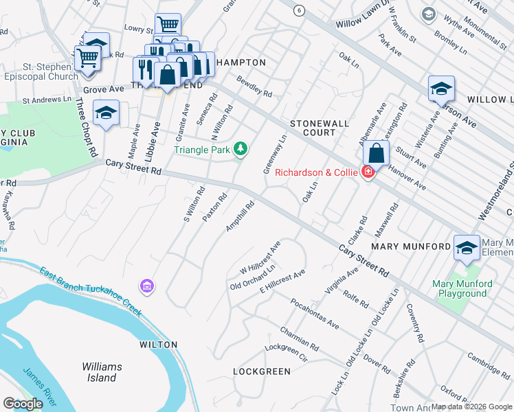 map of restaurants, bars, coffee shops, grocery stores, and more near 5120 Cary Street Road in Richmond