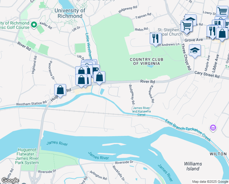 map of restaurants, bars, coffee shops, grocery stores, and more near 6161 River Road in Richmond