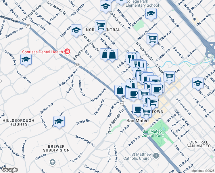 map of restaurants, bars, coffee shops, grocery stores, and more near El Camino Real in San Mateo