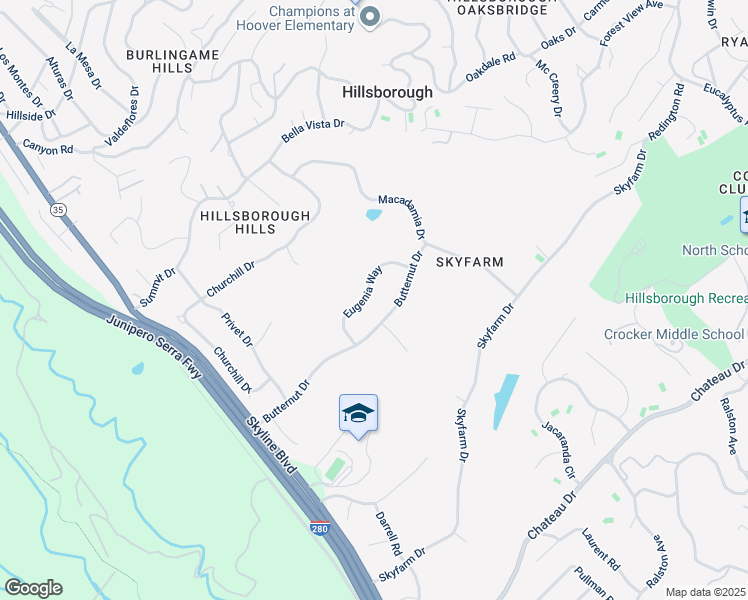 map of restaurants, bars, coffee shops, grocery stores, and more near 46 Eugenia Way in Hillsborough