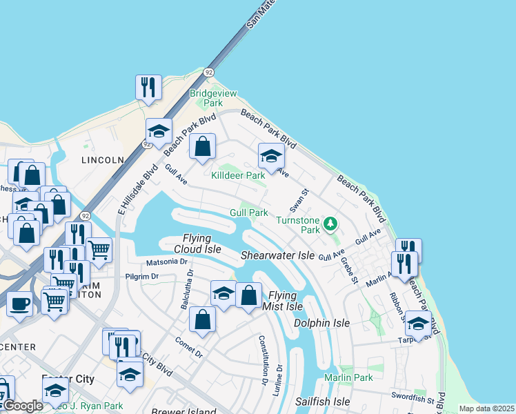 map of restaurants, bars, coffee shops, grocery stores, and more near Gull Avenue in Foster City