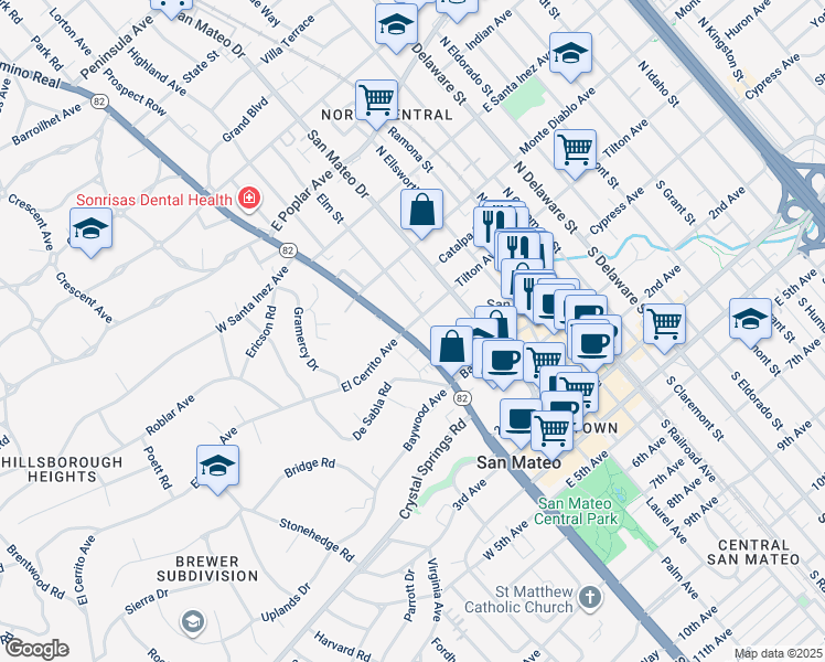 map of restaurants, bars, coffee shops, grocery stores, and more near 85 Tilton Avenue in San Mateo