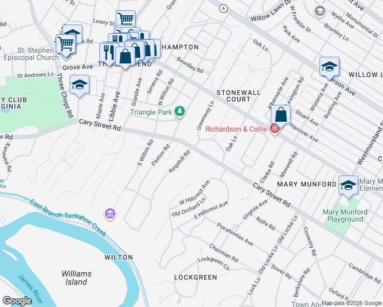 map of restaurants, bars, coffee shops, grocery stores, and more near 5120 Cary Street Road in Richmond