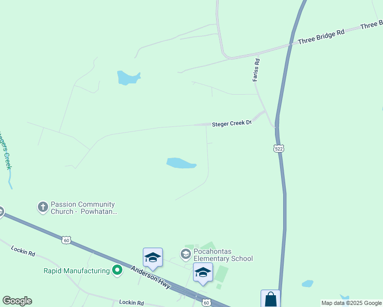 map of restaurants, bars, coffee shops, grocery stores, and more near 2680 Steger Creek Road in Powhatan
