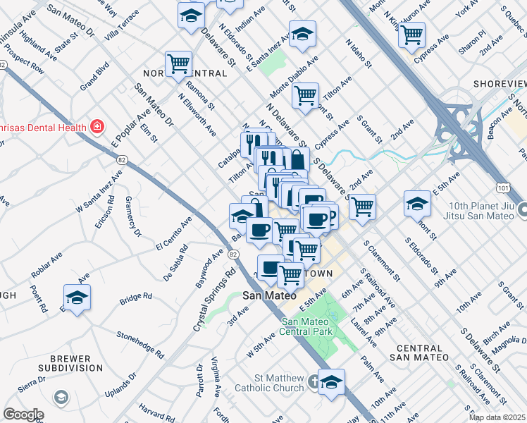 map of restaurants, bars, coffee shops, grocery stores, and more near 22 North San Mateo Drive in San Mateo