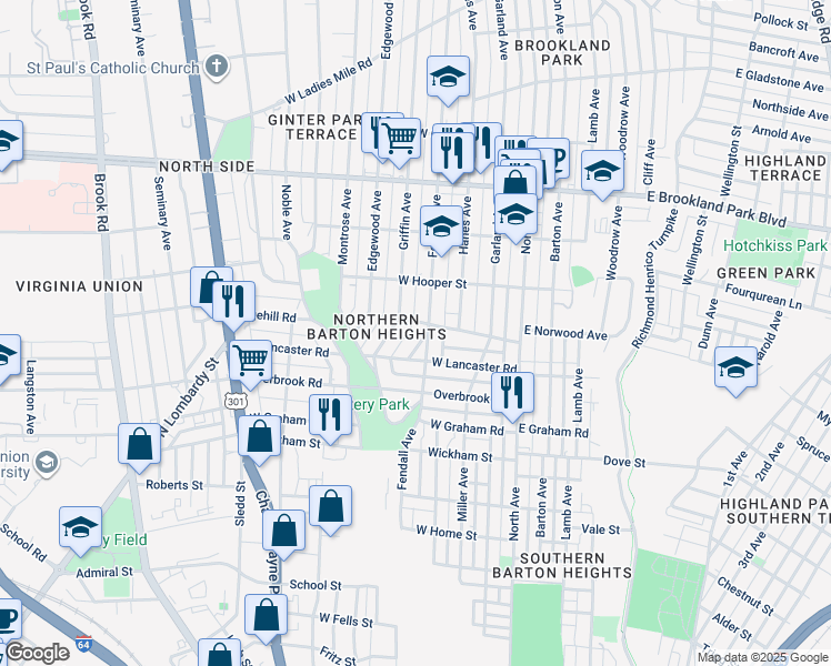 map of restaurants, bars, coffee shops, grocery stores, and more near 2614 The Plaza in Richmond