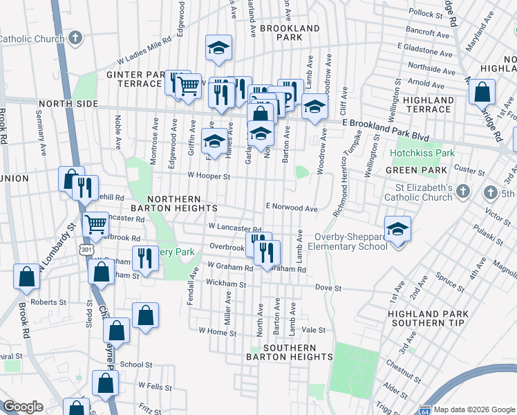 map of restaurants, bars, coffee shops, grocery stores, and more near 2710 North Avenue in Richmond