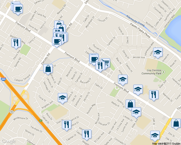 map of restaurants, bars, coffee shops, grocery stores, and more near 4027 Sunset Terrace in Fremont