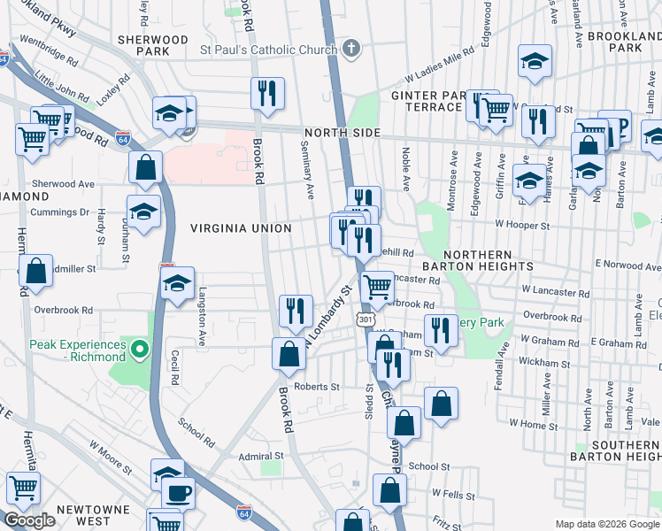 map of restaurants, bars, coffee shops, grocery stores, and more near 2614 Chamberlayne Avenue in Richmond