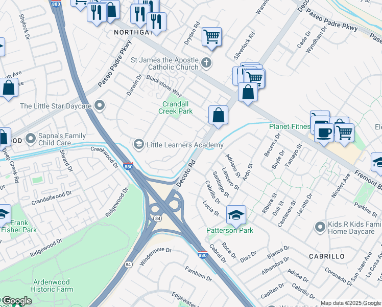 map of restaurants, bars, coffee shops, grocery stores, and more near 4510 Calypso Terrace in Fremont