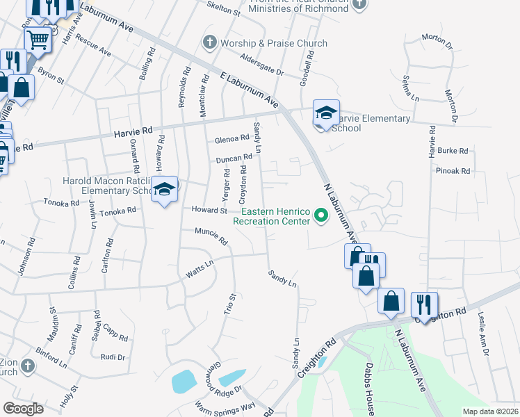 map of restaurants, bars, coffee shops, grocery stores, and more near 3304 Sandy Lane in Richmond