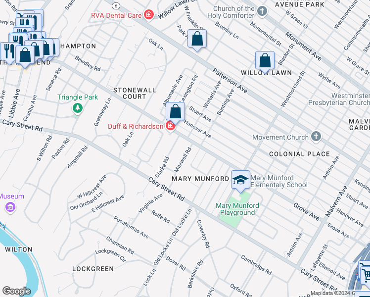 map of restaurants, bars, coffee shops, grocery stores, and more near 29 Clarke Road in Richmond