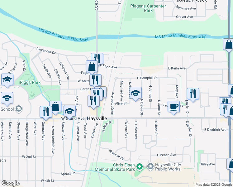 map of restaurants, bars, coffee shops, grocery stores, and more near 255 Baughman Avenue in Haysville