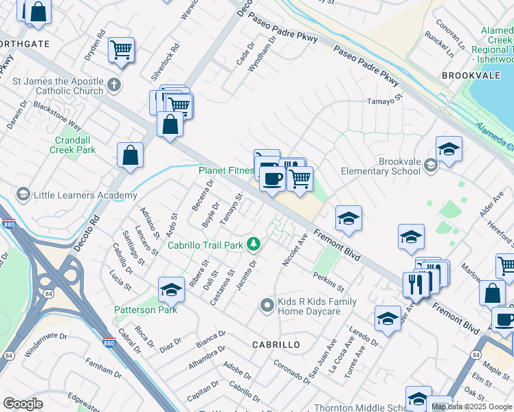 map of restaurants, bars, coffee shops, grocery stores, and more near 4027 Sunset Terrace in Fremont