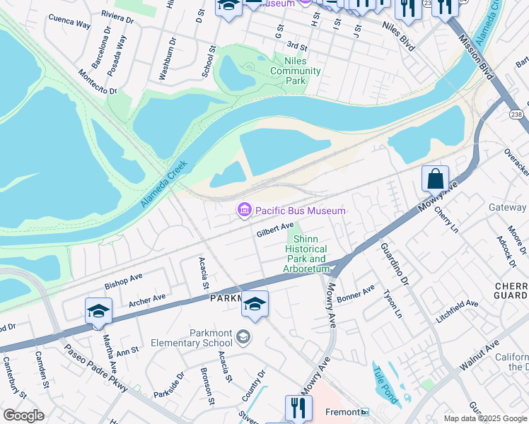 map of restaurants, bars, coffee shops, grocery stores, and more near in Fremont