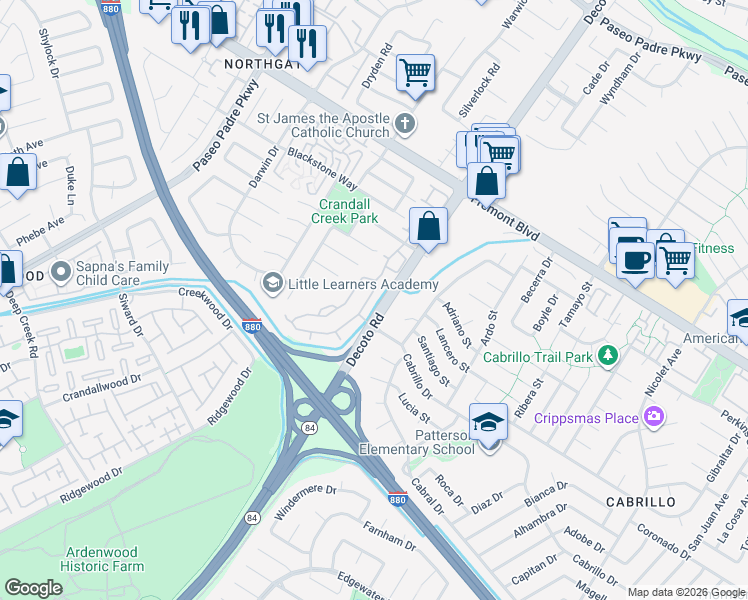 map of restaurants, bars, coffee shops, grocery stores, and more near 4510 Calypso Terrace in Fremont