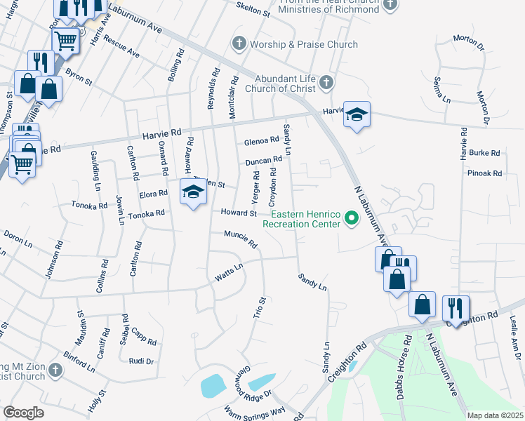 map of restaurants, bars, coffee shops, grocery stores, and more near 3202 Howard Street in Richmond