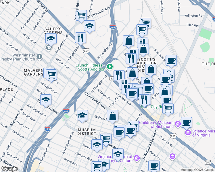 map of restaurants, bars, coffee shops, grocery stores, and more near 3406 Cutshaw Avenue in Richmond