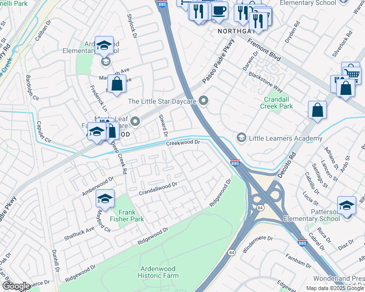 map of restaurants, bars, coffee shops, grocery stores, and more near 4772 Creekwood Drive in Fremont
