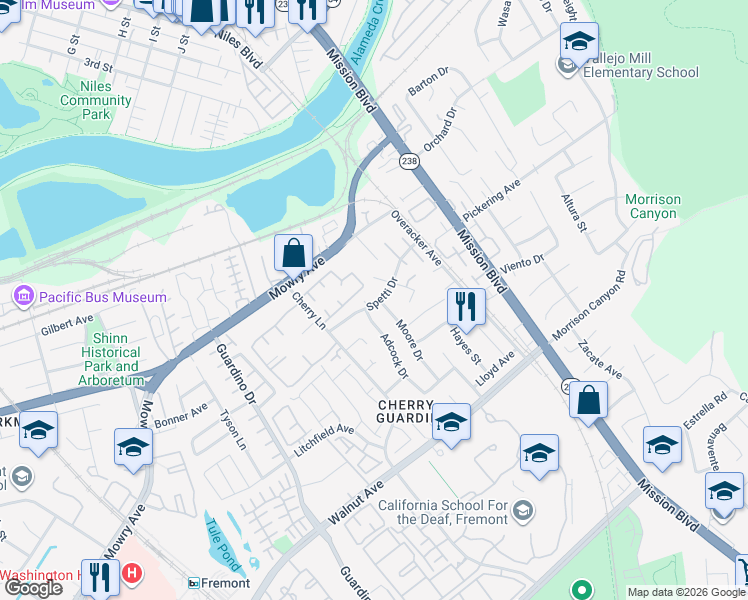map of restaurants, bars, coffee shops, grocery stores, and more near 38583 Royal Ann Common in Fremont