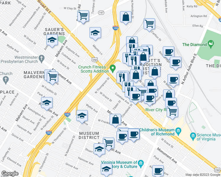 map of restaurants, bars, coffee shops, grocery stores, and more near 3406 Cutshaw Avenue in Richmond