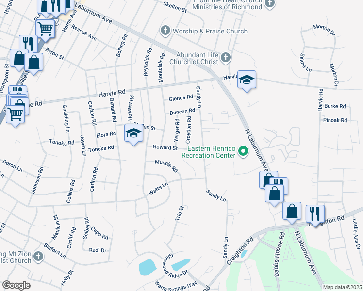 map of restaurants, bars, coffee shops, grocery stores, and more near 3202 Howard Street in Richmond
