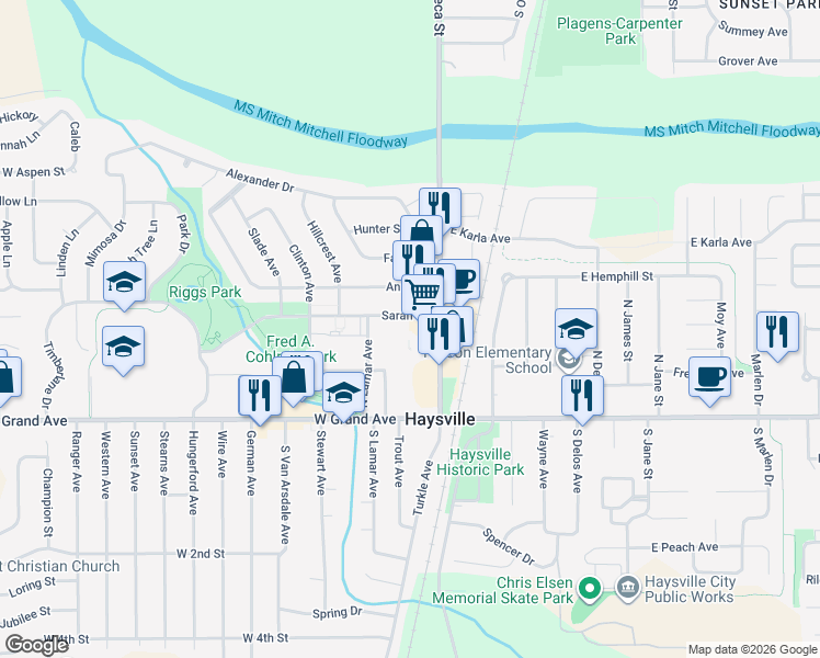 map of restaurants, bars, coffee shops, grocery stores, and more near 141 Sarah Lane in Haysville