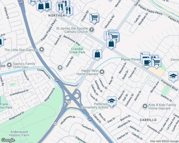 map of restaurants, bars, coffee shops, grocery stores, and more near 4440 Decoto Road in Fremont