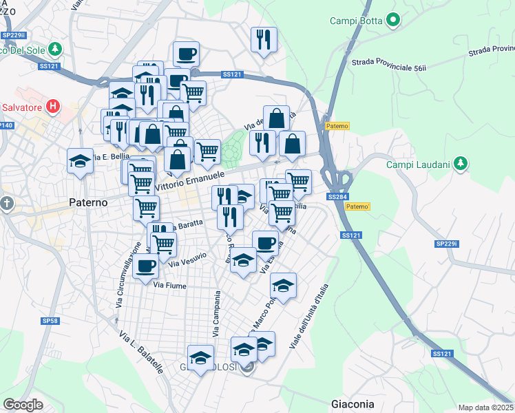 map of restaurants, bars, coffee shops, grocery stores, and more near 28 Via Sardegna in Paternò