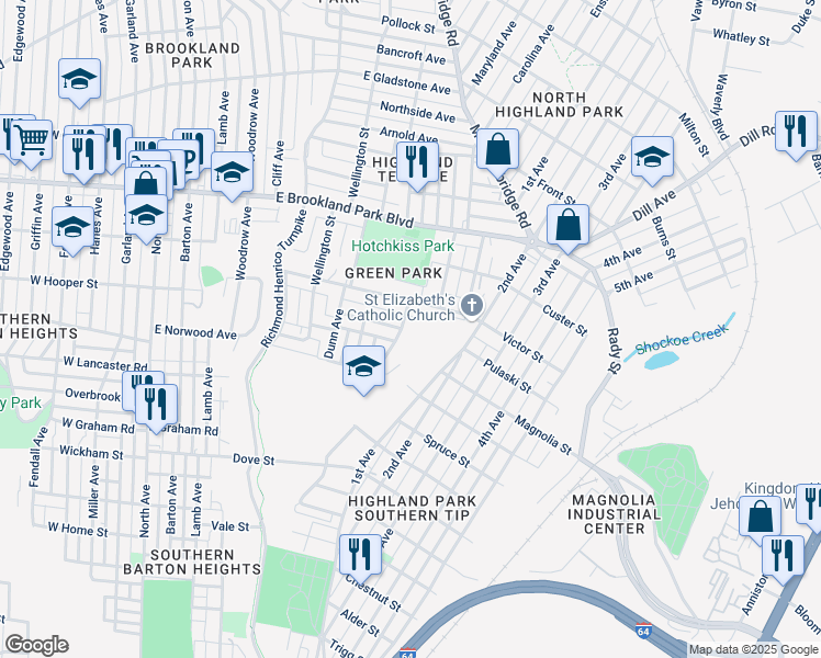 map of restaurants, bars, coffee shops, grocery stores, and more near 1029 Fourqurean Lane in Richmond