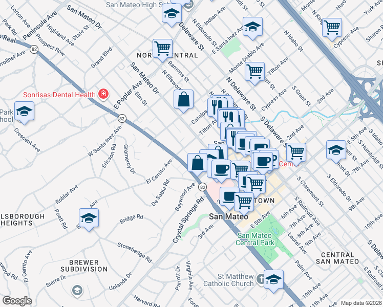 map of restaurants, bars, coffee shops, grocery stores, and more near 54 Tilton Terrace in San Mateo
