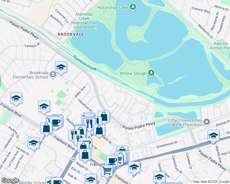 map of restaurants, bars, coffee shops, grocery stores, and more near 2763 Barrington Terrace in Fremont