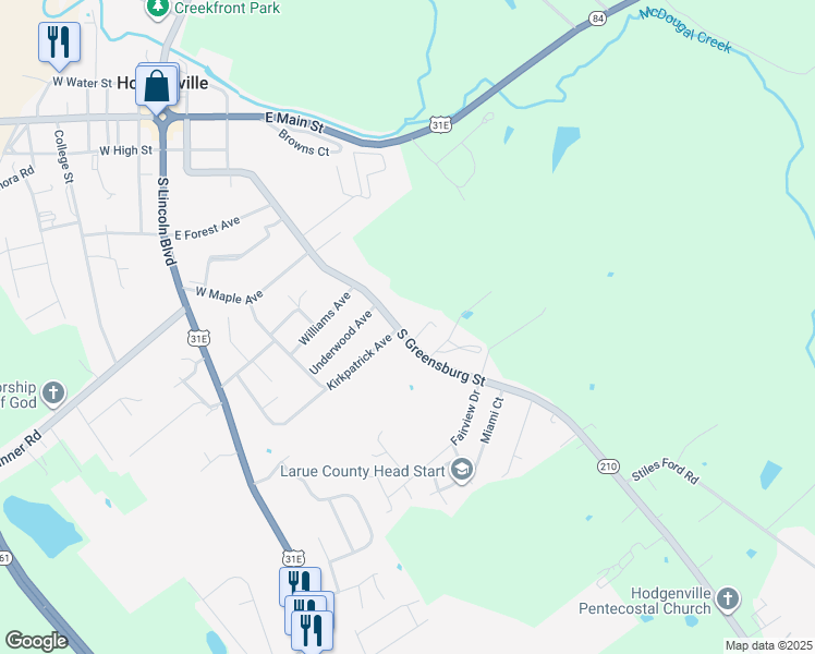 map of restaurants, bars, coffee shops, grocery stores, and more near 1195-1443 S Greensburg St in Hodgenville