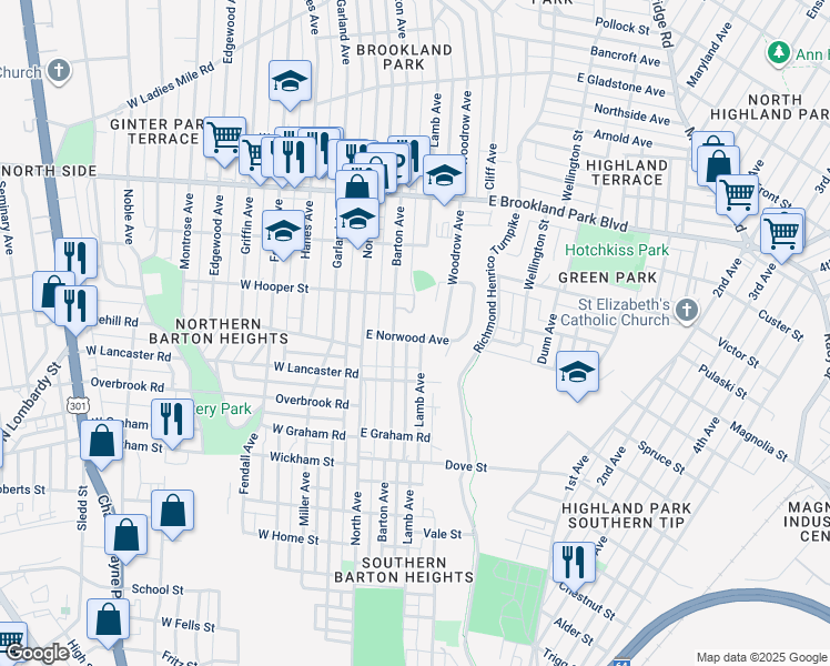 map of restaurants, bars, coffee shops, grocery stores, and more near 112 East Norwood Avenue in Richmond