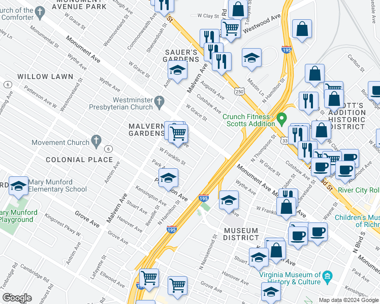 map of restaurants, bars, coffee shops, grocery stores, and more near 3909 Wythe Avenue in Richmond