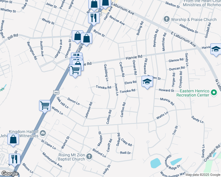 map of restaurants, bars, coffee shops, grocery stores, and more near 2508 Tonoka Road in Richmond