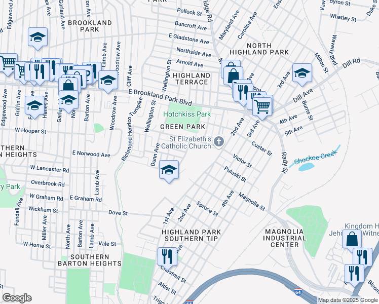map of restaurants, bars, coffee shops, grocery stores, and more near 1029 Fourqurean Lane in Richmond