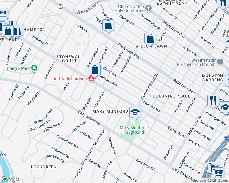 map of restaurants, bars, coffee shops, grocery stores, and more near 4633 Hanover Avenue in Richmond