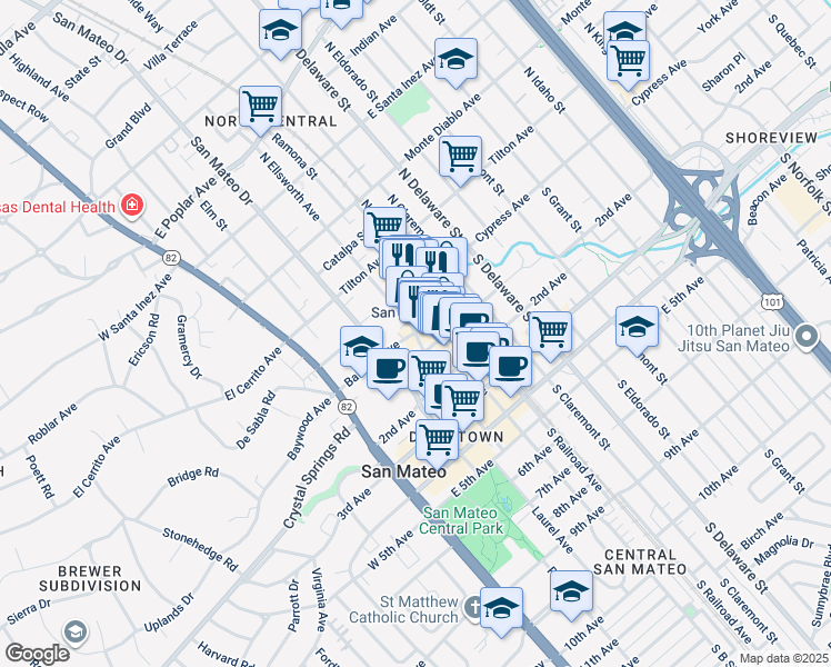 map of restaurants, bars, coffee shops, grocery stores, and more near 1 North Ellsworth Avenue in San Mateo