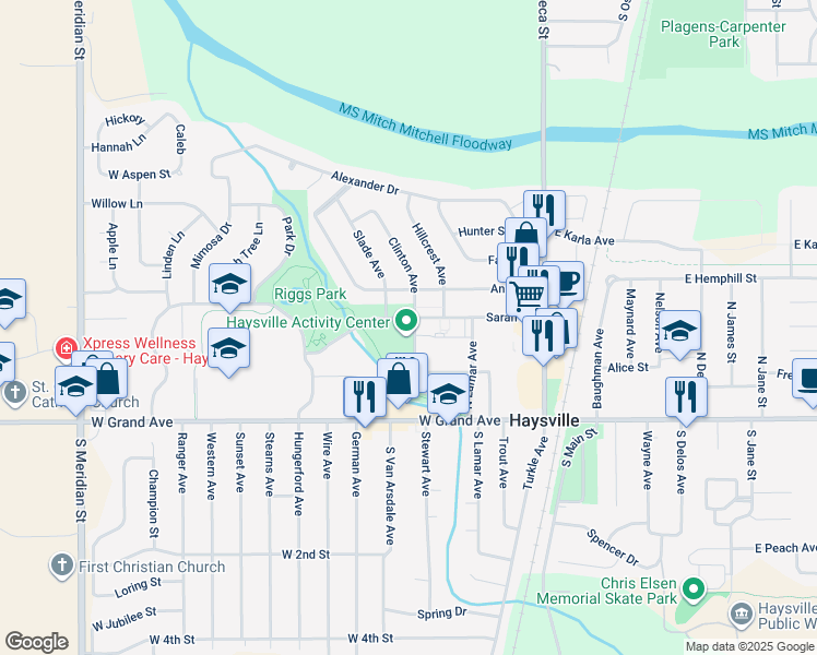 map of restaurants, bars, coffee shops, grocery stores, and more near 523 Sarah Lane in Haysville