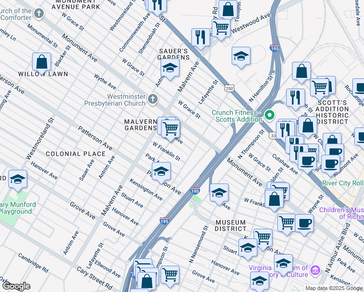 map of restaurants, bars, coffee shops, grocery stores, and more near 3909 Wythe Avenue in Richmond