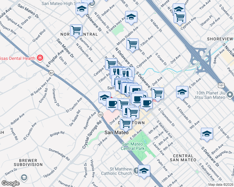 map of restaurants, bars, coffee shops, grocery stores, and more near 308 Baldwin Avenue in San Mateo