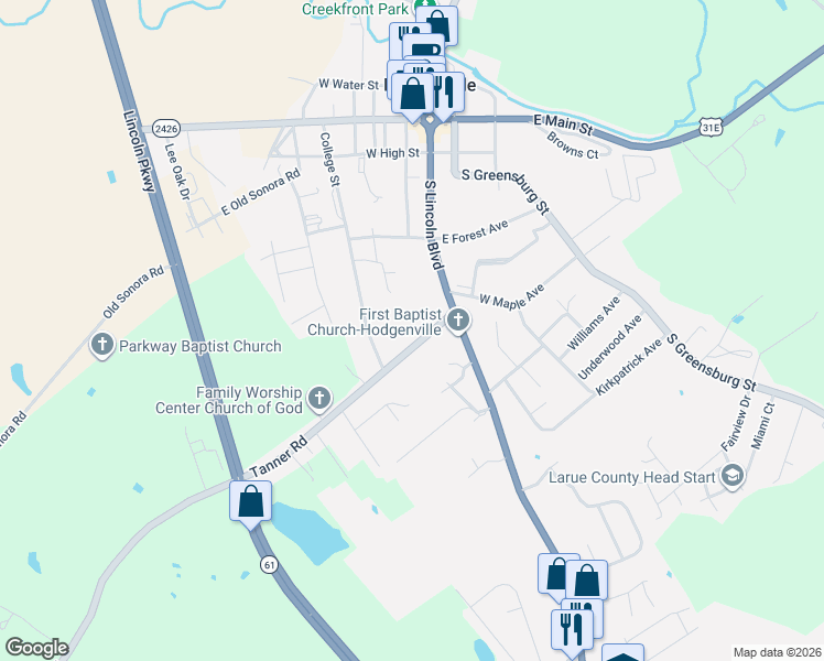 map of restaurants, bars, coffee shops, grocery stores, and more near 1-299 Tanner Road in Hodgenville