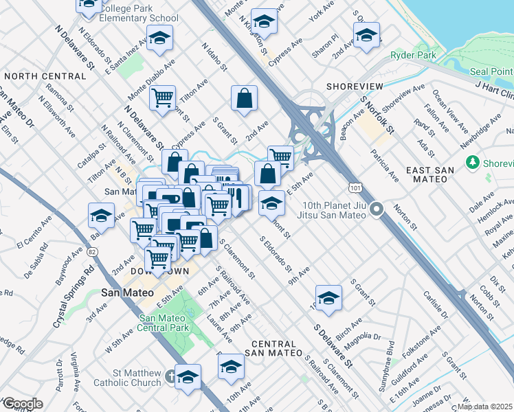 map of restaurants, bars, coffee shops, grocery stores, and more near 728 E 4th Ave in San Mateo